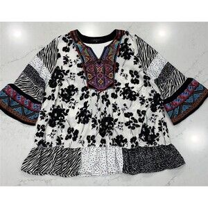 Caleaas Womens 2X Embroidered Tunic Shirt Top Boho Art Wear Lagenlook 3/4 Sleeve